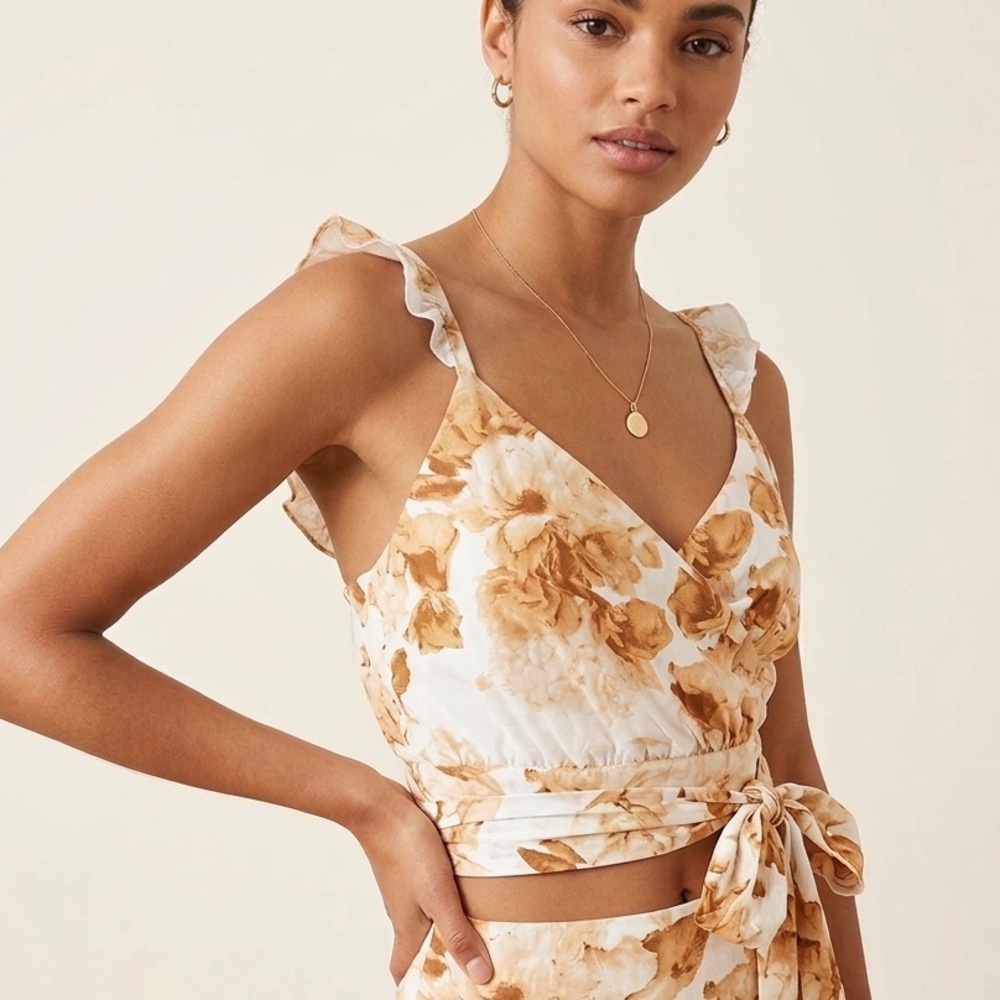 Express Floral Wrap Crop Top Gold Fleck Stitching Size XS Festival Cottagecore